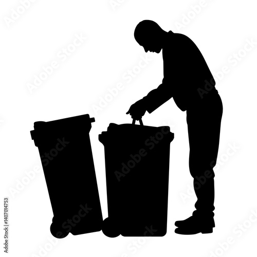 Silhouette of person sorting trash in black and white, environmental awareness