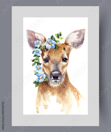 Small fawn from nature reserve with flowers on head looks at screen on print. Watercolor poster. Artwork with cute fawn with wreath of wildflowers hanging on ear, in frame with decor for wall art