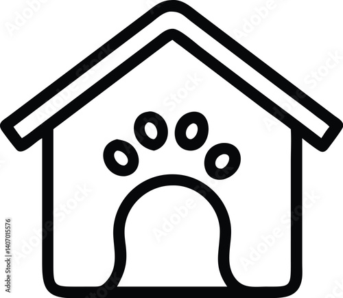 dog house, animal shelter, animal home, paw prints, black and white icon
