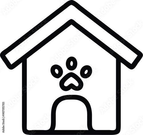 dog house, animal shelter, animal home, paw prints, black and white icon
