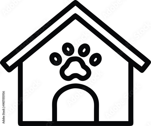 dog house, animal shelter, animal home, paw prints, black and white icon
