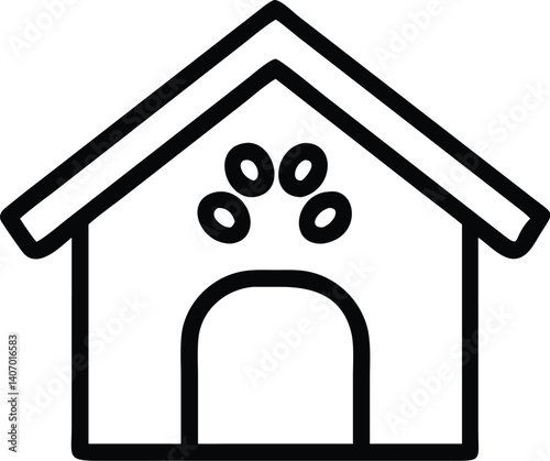 dog house, animal shelter, animal home, paw prints, black and white icon
