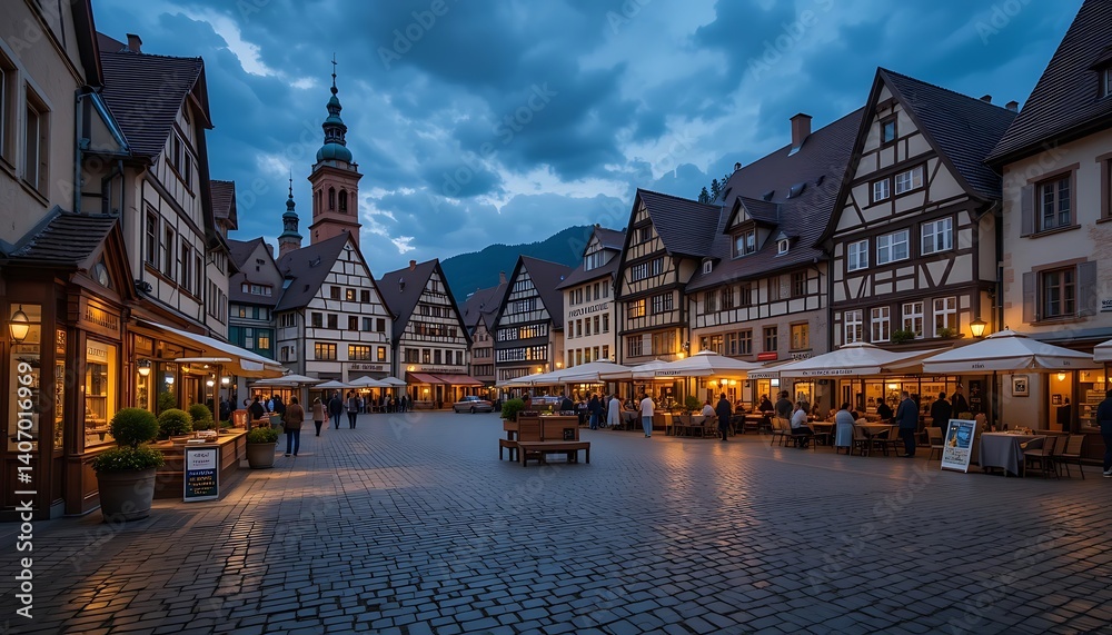Fototapeta premium Twilight Charm: A Serene European Town Square at Dusk