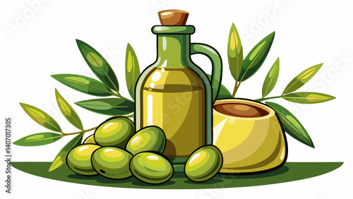 Aceite de oliva y aceitunas verdes aislados sobre fondo blanco
