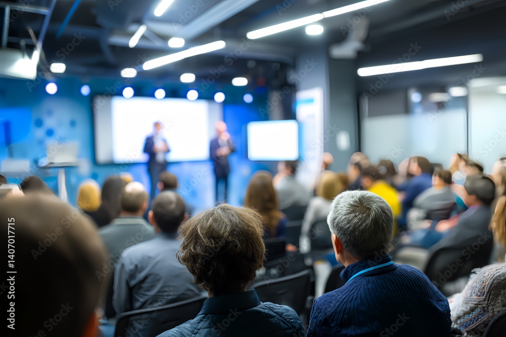 Fototapeta premium Conference Presentation: Attentive audience listens intently to speakers during a business conference or seminar in a modern, well-lit venue.