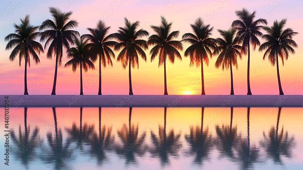 Tropical Sunset Palms Reflecting on Calm Water Tropical Sunset Palms Reflecting on Calm Water