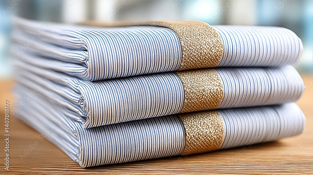 Blue and White Striped Fabric Stack with Beige Accents on Wood