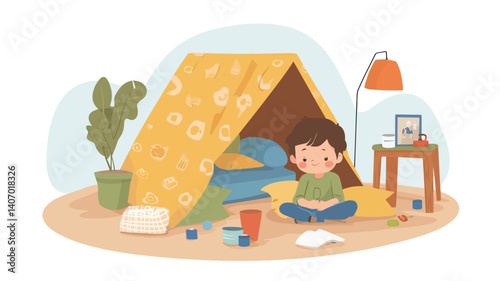 A digital illustration depicting a young boy sitting inside a small, yellow patterned tent constructed indoors. The tent is made from a blanket or sheet. The boy appears to be calmly playing 