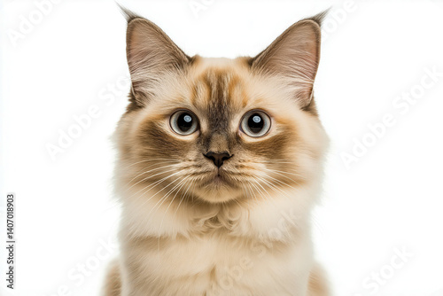 Close up portrait of a ragdoll cat with big blue eyes against a plain white studio background look at camera