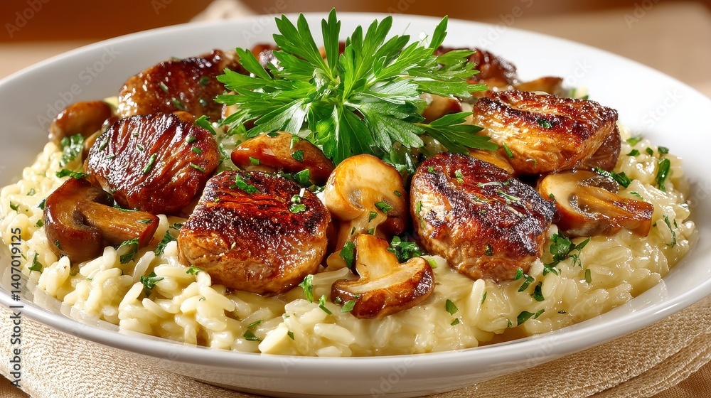 Browned Meat Medallion Risotto with Sauteed Mushrooms and Parsley Garnish Browned Meat Medallion Risotto with Sauteed Mushrooms and Parsley Garnish