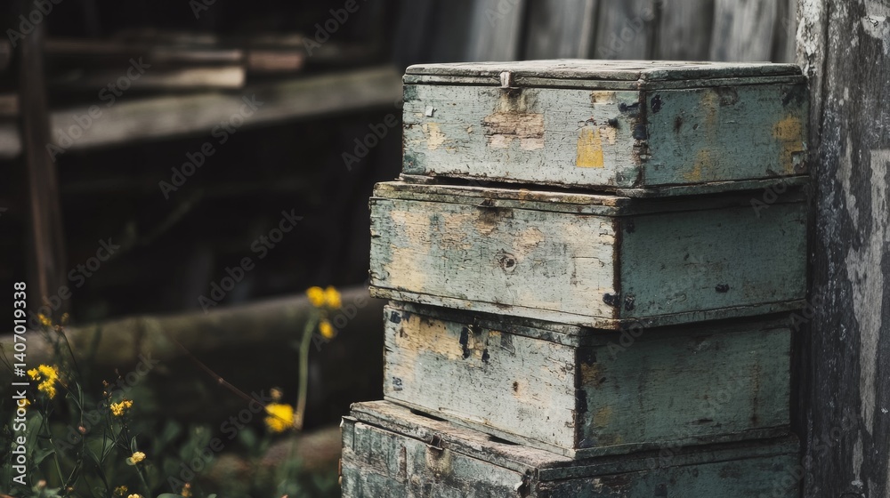 Old weathered beehive boxes in countryside setting Old weathered beehive boxes in countryside setting