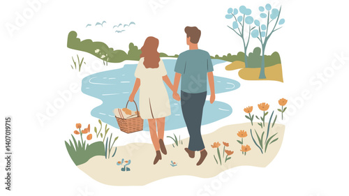 A digital illustration depicting a couple holding hands and walking away from the viewer along a lakeshore. The woman carries a picnic basket. The style is simple, with flat colors and minimal