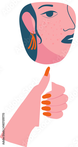 woman looking at the mirror with the trouble on skin. Acne skin problems and harmonic failure