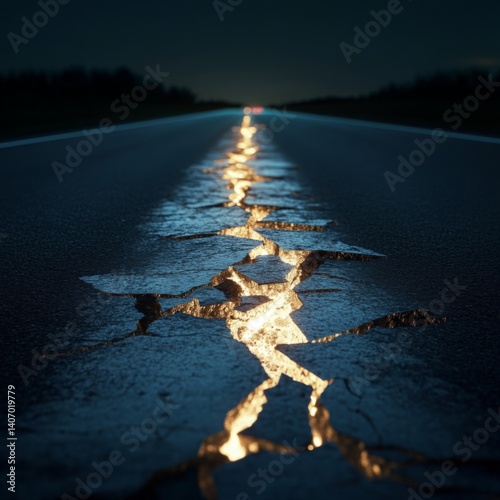 Nature with earthquake, a dark road with glowing cracks stretches into the distance, creating an eerie, captivating atmosphere.
