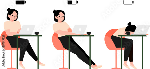 burnout working woman with full, half and low battery. Tired employee happy bored and exhausted.