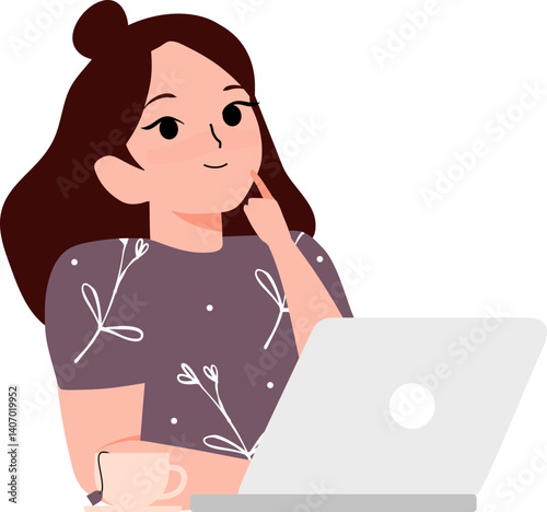 idea Smiling young woman sitting with tea and use a laptop and thinking cartoon illustration