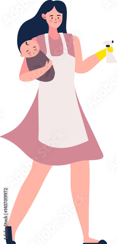 Housewife character routine daily activity doing Illustration. Woman Holding Baby and clean house.