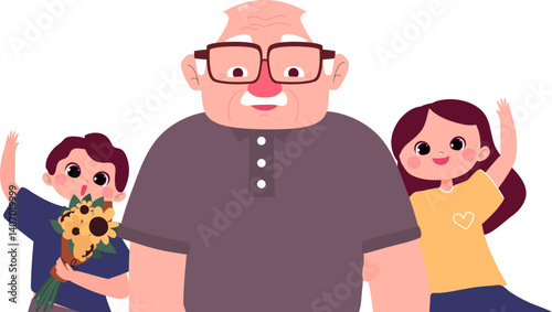 Happy grandparents day background grandfather and grandchildren with bouquet cartoon character