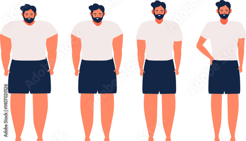 Fat and slim man figure Before and after Weight loss. Human character heavy transformation of people