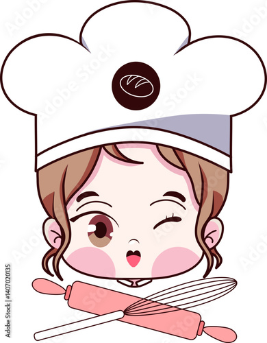 Female chef Cute girl smiling bakery pastry shop logo cartoon with whisker and baking rolling pin