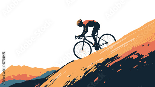 A stylized vector illustration depicting a cyclist in profile view ascending a hill. The cyclist is rendered as a dark silhouette against a background of brightly colored, abstract brushstrokes