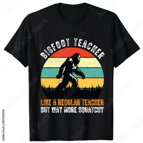 Retro inspired Bigfoot vintage t-shirt design with warm faded hues and a mystical forest background ideal for believers in the unknown and those who enjoy retro outdoor aesthetics
