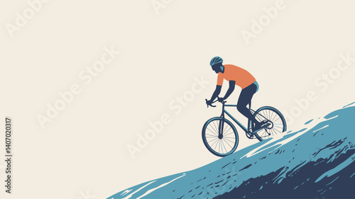 A stylized vector illustration depicting a cyclist ascending a hill. The illustration uses a minimalist color palette of blue, orange, and beige. The cyclist is rendered as a silhouette