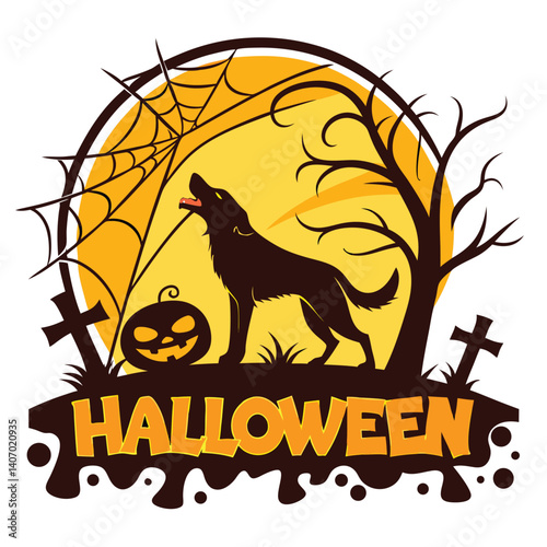 Spooky Halloween Illustration Featuring A Howling Wolf Pumpkin And Graves