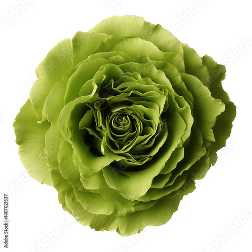 A beautiful close up of a green rose blossom in full bloom,isolated on black background