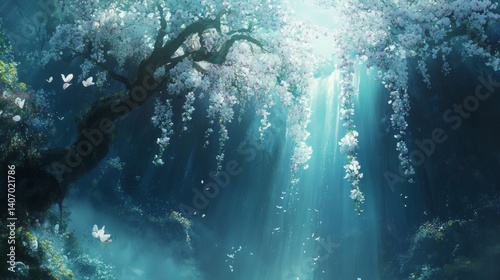 Enchanted Forest Waterfall with Cherry Blossoms