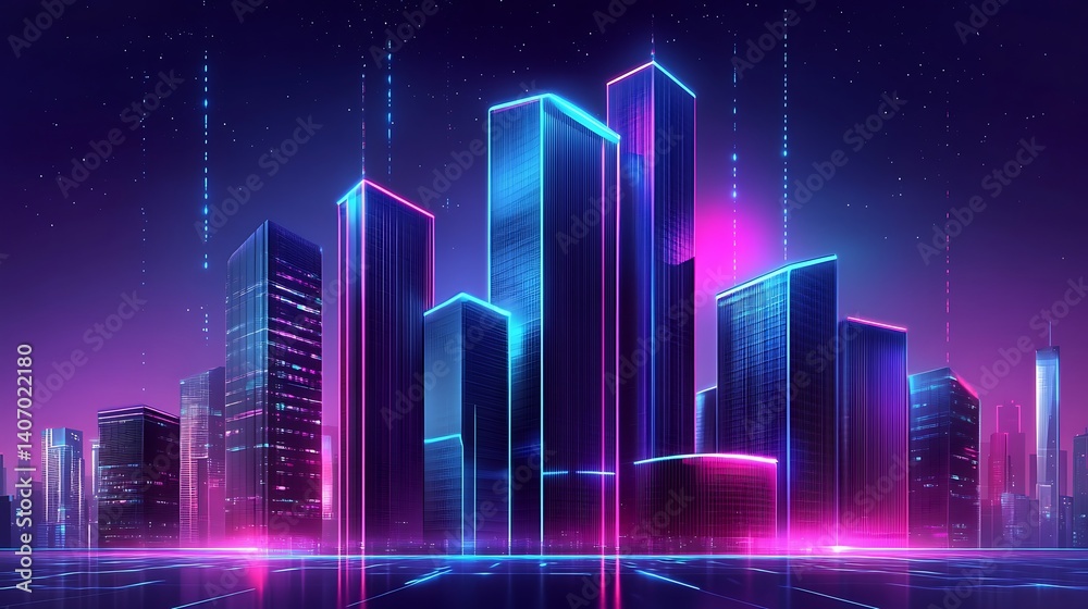 Naklejka premium glowing futuristic building with neon accents in a city skyline showcasing modern tech inspired architecture and vibrant urban night cityscape aesthetics