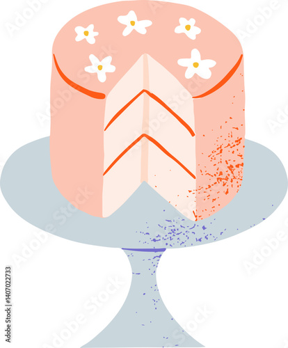 Hand drawn cute wedding or birthday cake with flowers decoration in cake stands. Bakery and pastry.