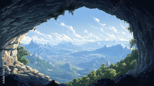 Mountain cave offering a dramatic view of the horizon and faraway peaks photo