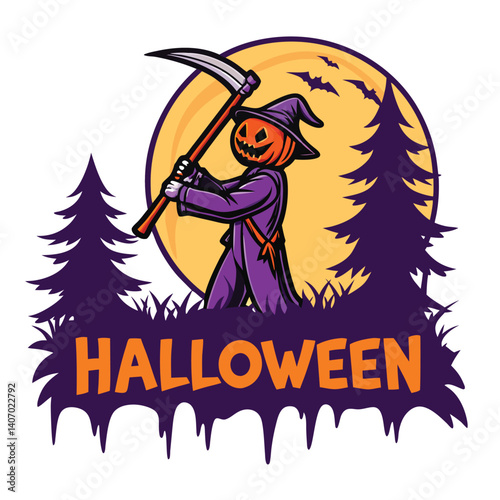 Halloween Pumpkin Grim Reaper Character Vector Graphic With Trees And Moon