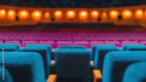 Colorful seating fills a theater space, with warm lights illuminating the empty rows in anticipation of an upcoming show