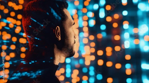 Futuristic vision: A man contemplates advanced technology with digital lights backdrop