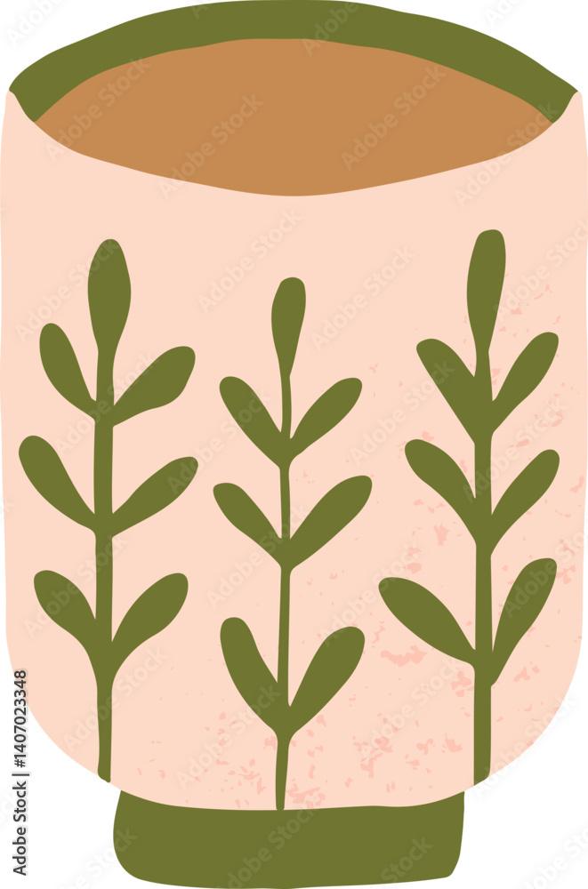 Teacup with Leaf Pattern Ornaments Hand drawn cartoon colored trendy flat illustration style design