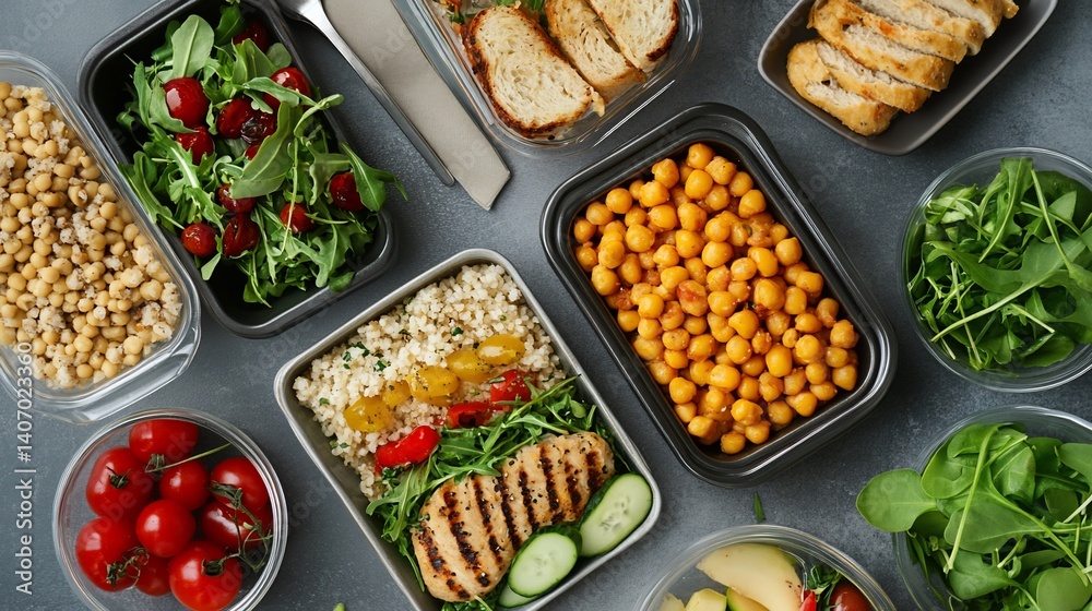 Healthy prepared meal containers with various balanced dishes for lunch Healthy prepared meal containers with various balanced dishes for lunch