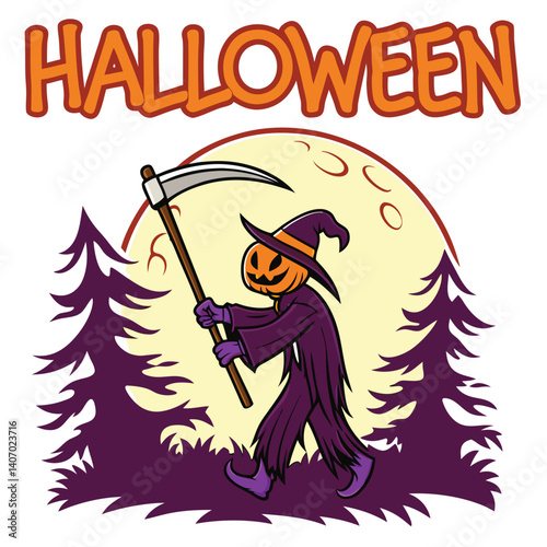 Halloween Pumpkin Reaper With Scythe In Forest Cartoon Illustration Vector