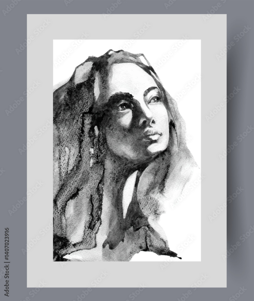 Woman with beautiful facial features looks up thinking about future on wall art. Watercolor print. Artwork with long-haired woman proudly raising chin, in frame with decor for poster