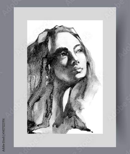 Obraz na płótnie Woman with beautiful facial features looks up thinking about future on wall art. Watercolor print. Artwork with long-haired woman proudly raising chin, in frame with decor for poster w salonie