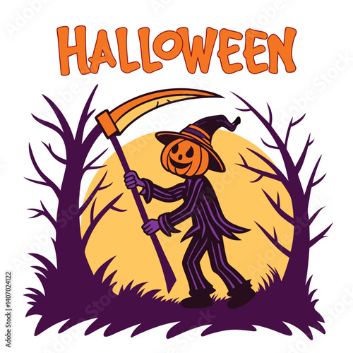 Grim Reaper Pumpkin Character Illustration With Halloween Text And Autumn Vibes