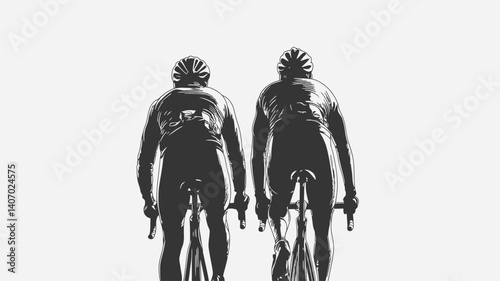The image is a monochrome, minimalist depiction of two cyclists viewed from behind.  The cyclists are depicted as dark silhouettes against a bright, almost white background