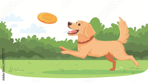 A digital illustration depicts a golden retriever dog in a playful action of catching a flying disc. The dog is depicted running with its mouth open, paws extended. 