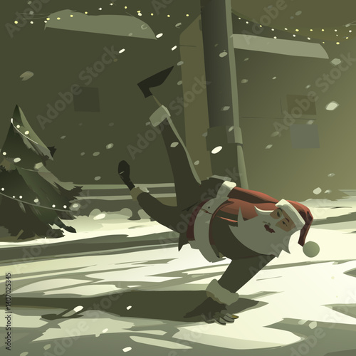 Cartoon Santa breakdancing on a snowy street with festive Christmas lights in the background
