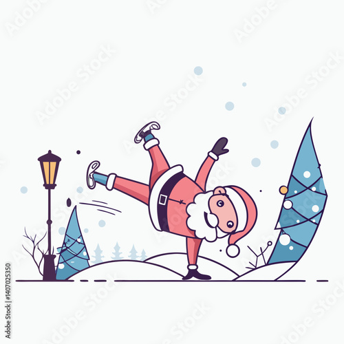 Cartoon Santa breakdancing on a snowy street with festive Christmas lights in the background