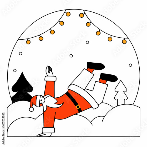 Cartoon Santa breakdancing on a snowy street with festive Christmas lights in the background