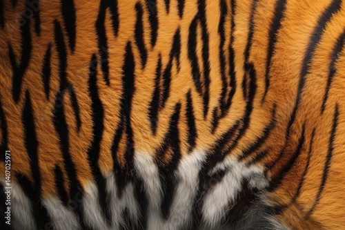 Tiger skin texture with copy space. Close-up tiger pattern. Big Cat fur. Tiger stripes. Realistic tiger skin. Tiger design texture. Detailed tiger skin close-up. Wild Animal texture.