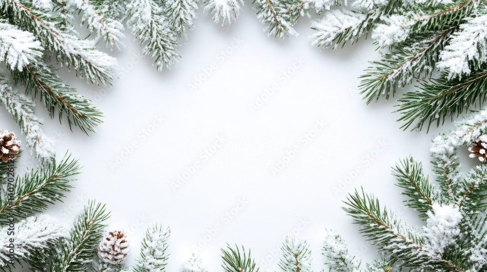 delicate winter backdrop featuring snowy evergreen branches and pinecones framing a pristine white space creating an inviting seasonal ambiance with frost details delicate winter backdrop featuring snowy evergreen branches and pinecones framing a pristine white space creating an inviting seasonal ambiance with frost details