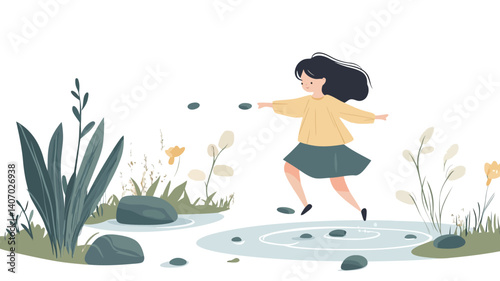 A digital illustration depicts a girl with dark hair wearing a yellow long-sleeved shirt and a teal skirt skipping in a small puddle.  The puddle contains several dark grey stones. Surrounding the